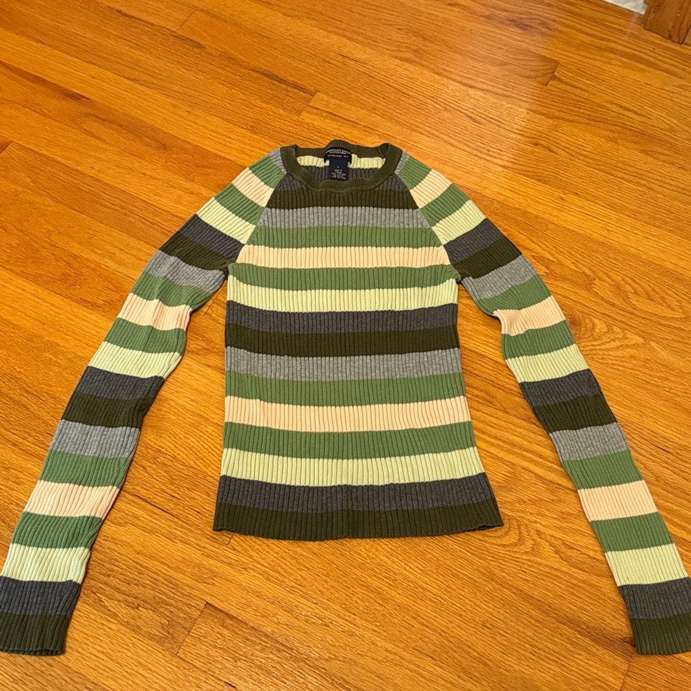 American Eagle Outfitters Green and Cream Knit Sweater